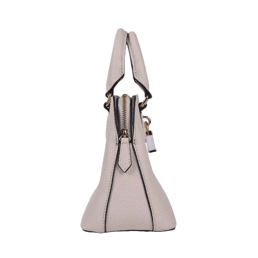Beige ladies handbag with decorative acrylic lock and contrast edge painting