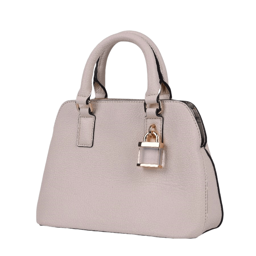 Beige ladies handbag with decorative acrylic lock and contrast edge painting