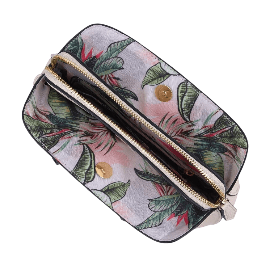 Beige ladies handbag with decorative acrylic lock and contrast edge painting