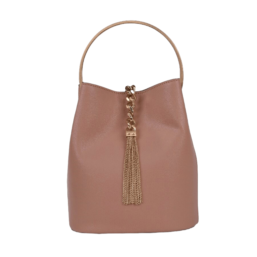Camel ladies bucket bag with decorative hardware and tassel