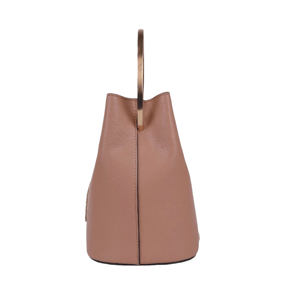 Camel ladies bucket bag with decorative hardware and tassel