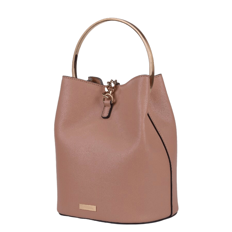 Camel ladies bucket bag with decorative hardware and tassel