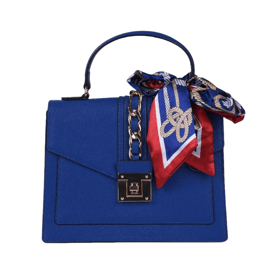 Blue ladies handbag with decorative scarves and lock closure