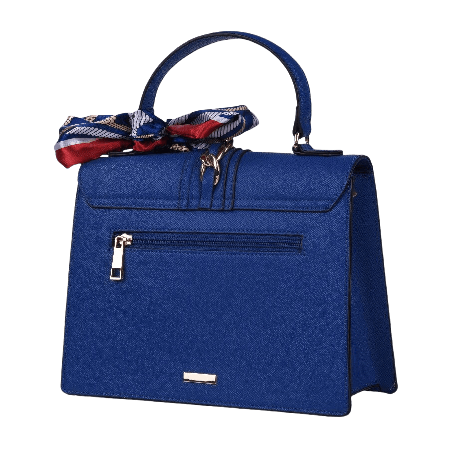 Blue ladies handbag with decorative scarves and lock closure