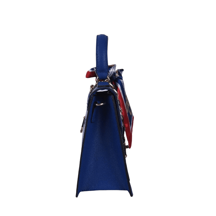 Blue ladies handbag with decorative scarves and lock closure