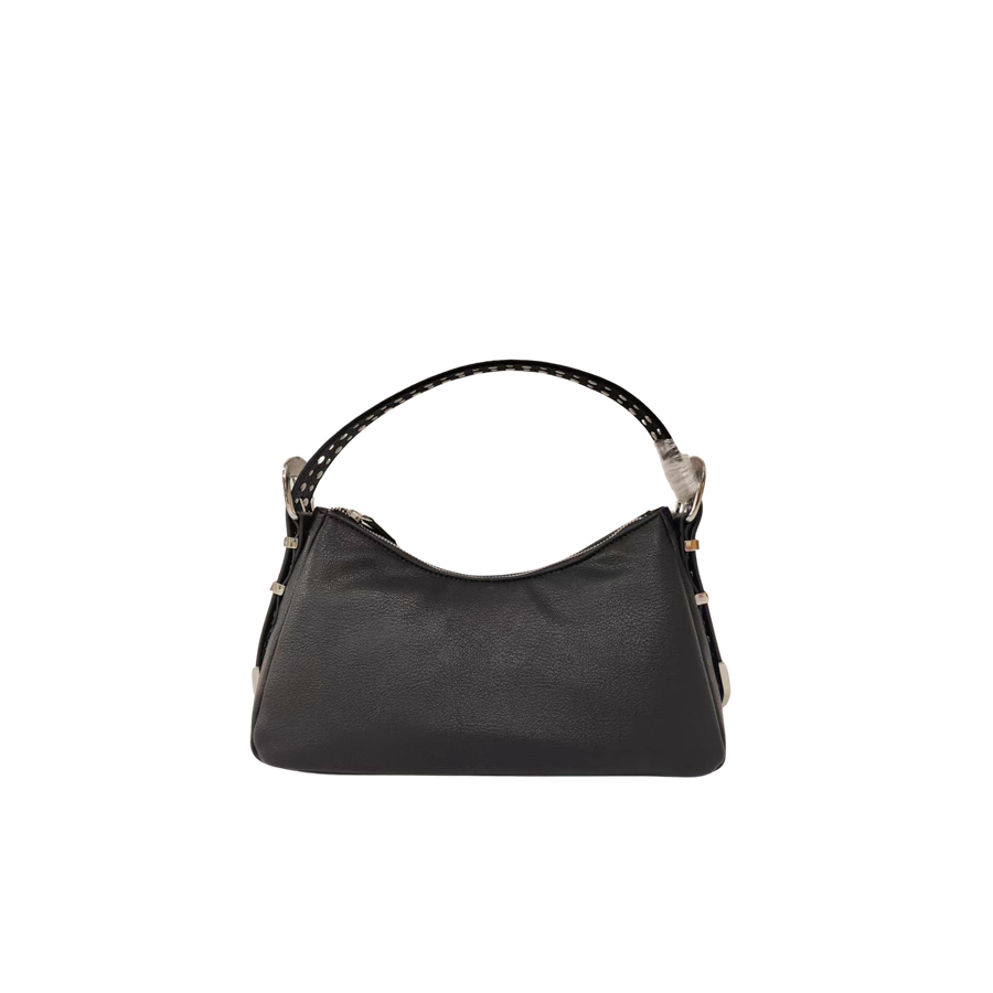 Black pebble PU ladies hobo bag with eyelets on the handle and metal bridge