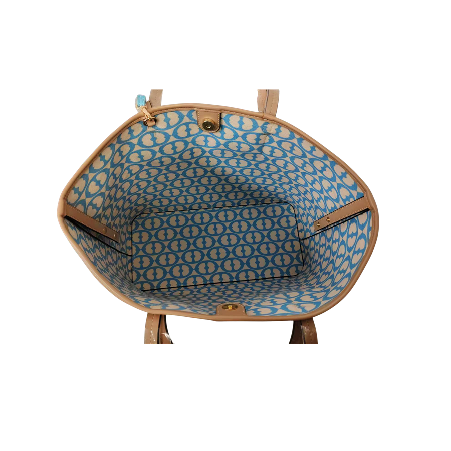 Stripe canvas ladies tote with trim PU and detachable pouch bag