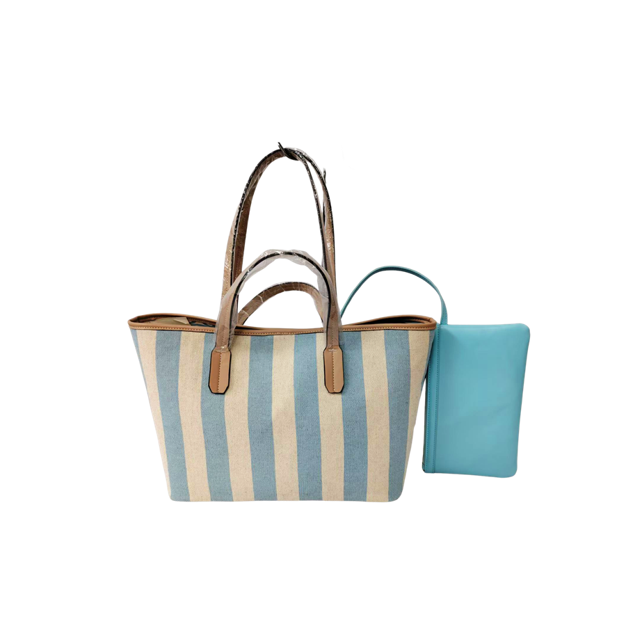 Stripe canvas ladies tote with trim PU and detachable pouch bag