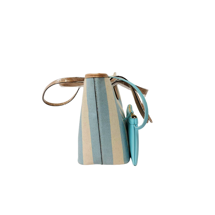 Stripe canvas ladies tote with trim PU and detachable pouch bag