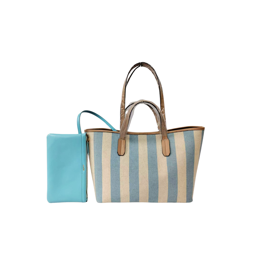 Stripe canvas ladies tote with trim PU and detachable pouch bag