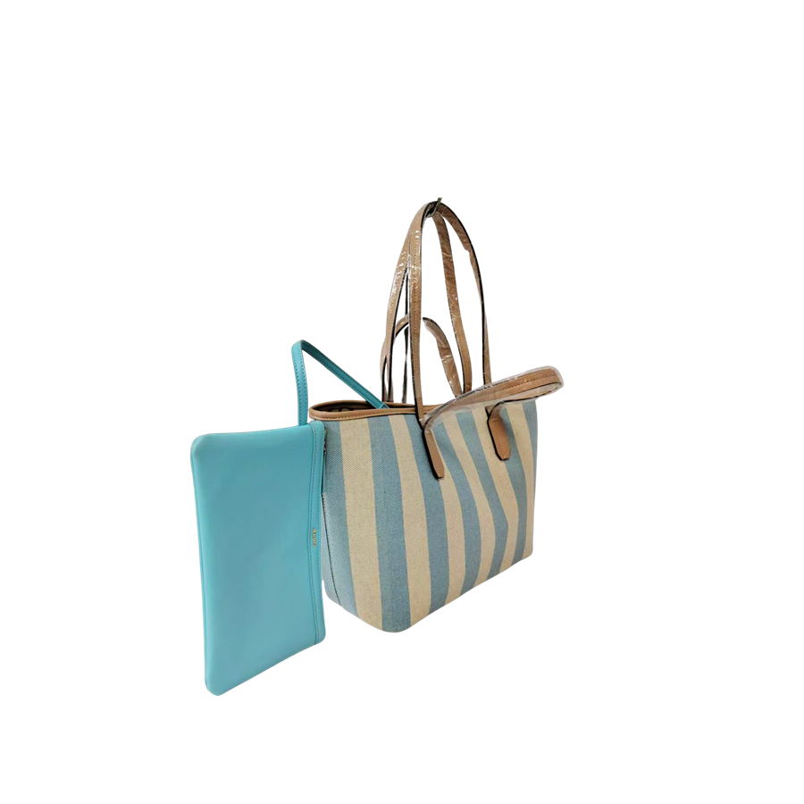 Stripe canvas ladies tote with trim PU and detachable pouch bag