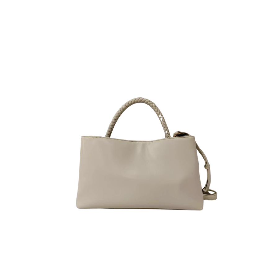 Beige ladies handbag with with decorative bowknot hardware and weave handle