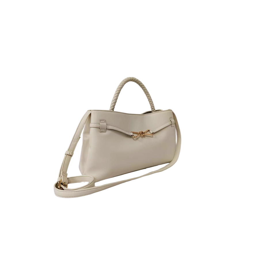 Beige ladies handbag with with decorative bowknot hardware and weave handle