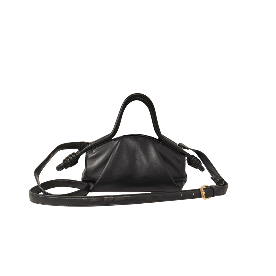 Black ladies handbag with pleats and knots on the handle