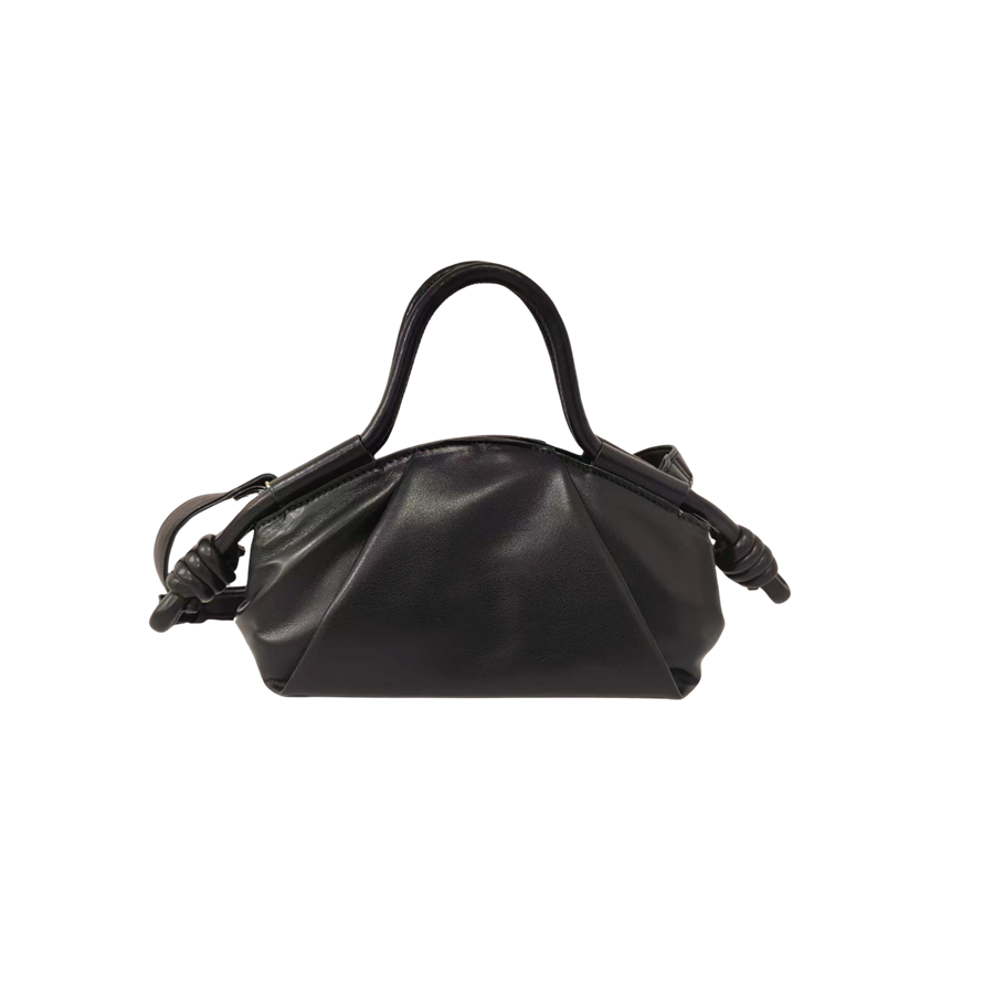 Black ladies handbag with pleats and knots on the handle