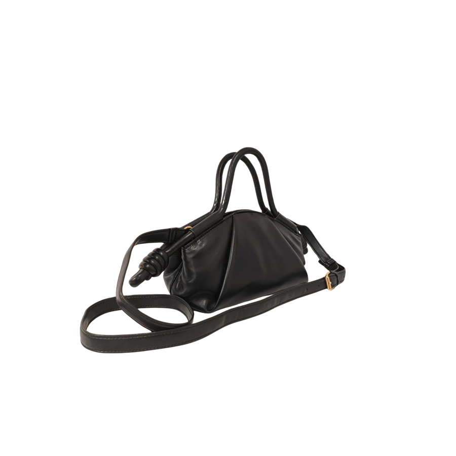 Black ladies handbag with pleats and knots on the handle