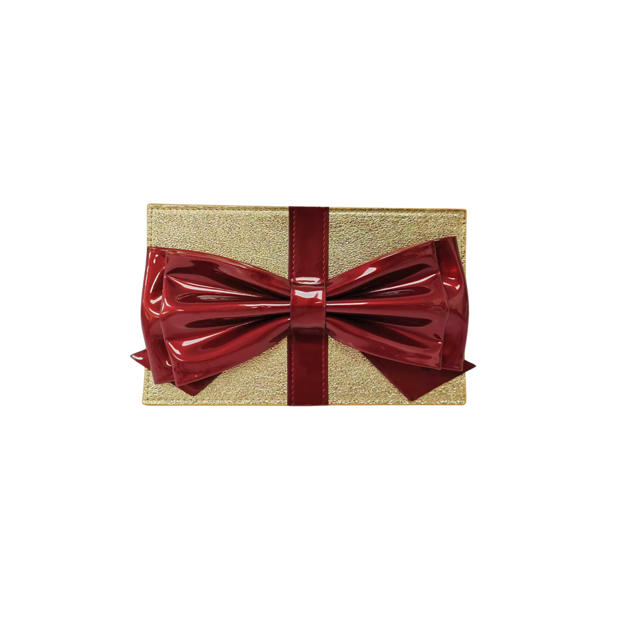 Gold ladies clutch with big red bowknot and heart-shaped hangtag