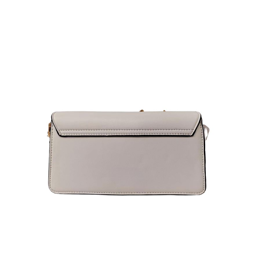 White ladies handbag with decorative accessories and black edge painting