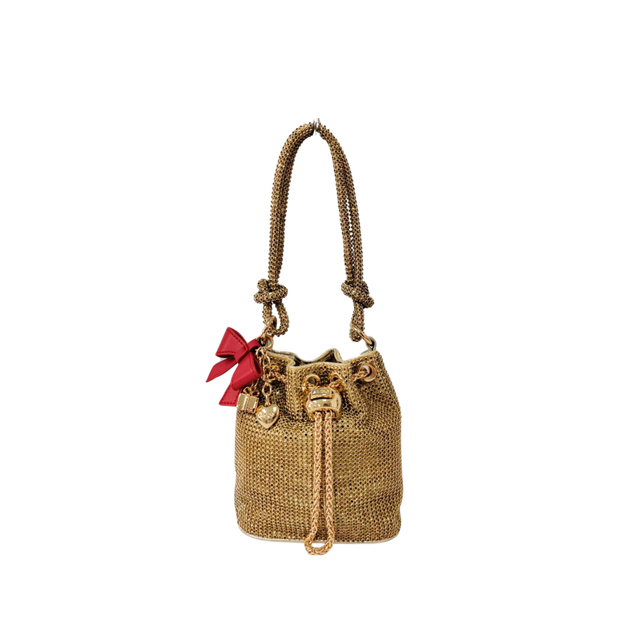 Gold rhineston ladies drawstring bag with detachable bowknot and knoted handle