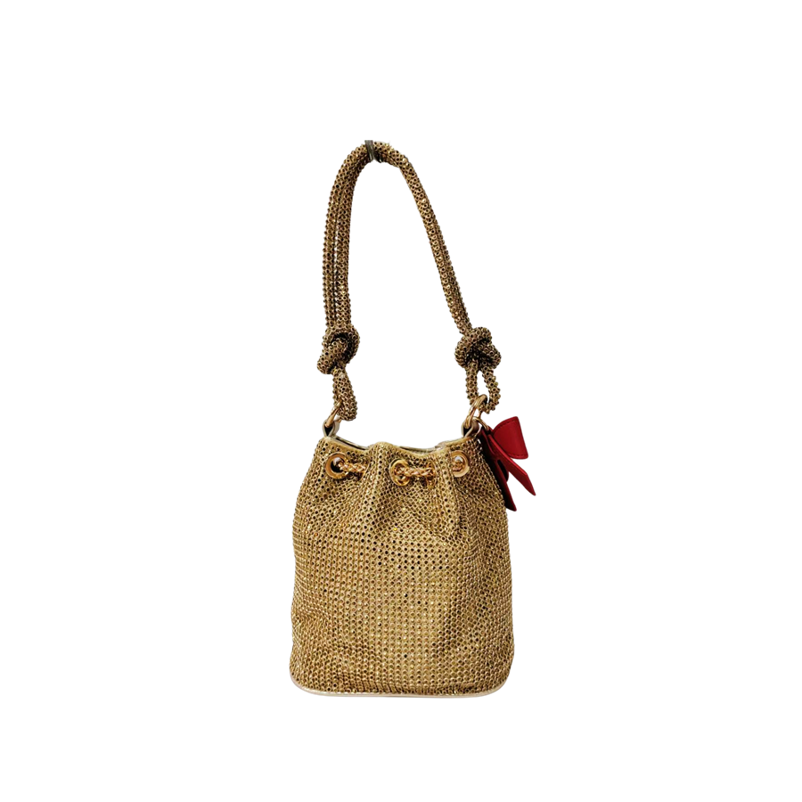 Gold rhineston ladies drawstring bag with detachable bowknot and knoted handle