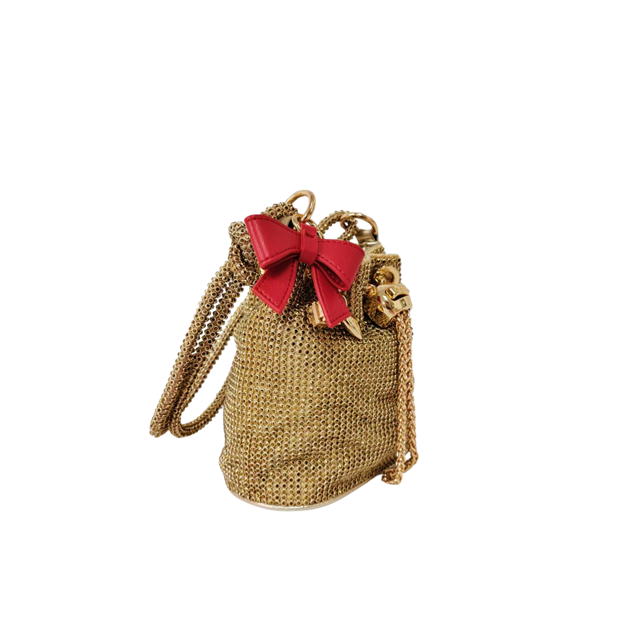 Gold rhineston ladies drawstring bag with detachable bowknot and knoted handle