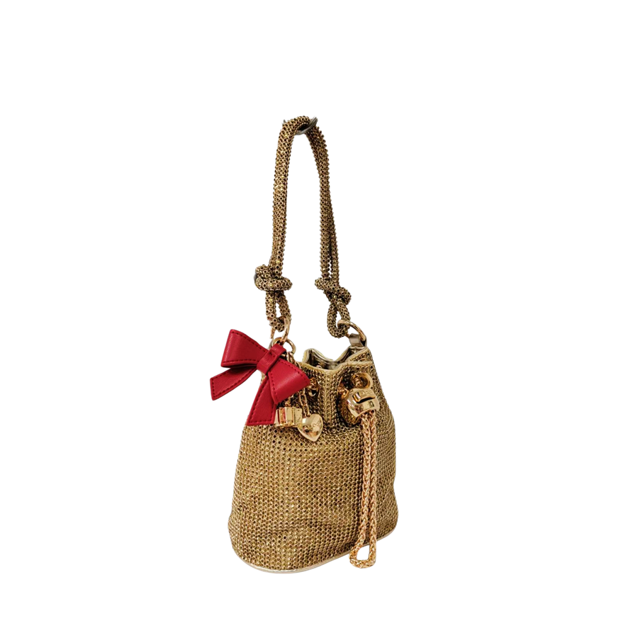 Gold rhineston ladies drawstring bag with detachable bowknot and knoted handle