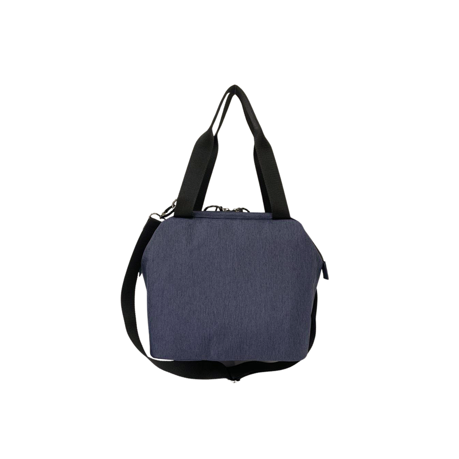 Blue ladies cooler bag with black mesh pocket and double zip puller closure