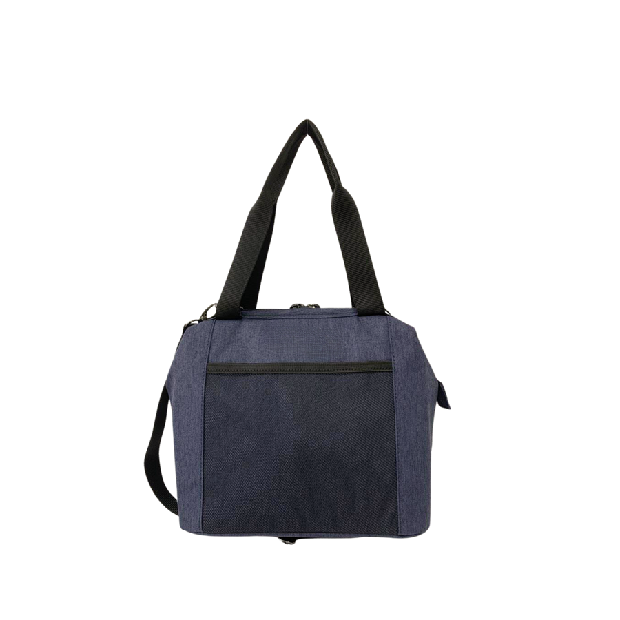 Blue ladies cooler bag with black mesh pocket and double zip puller closure