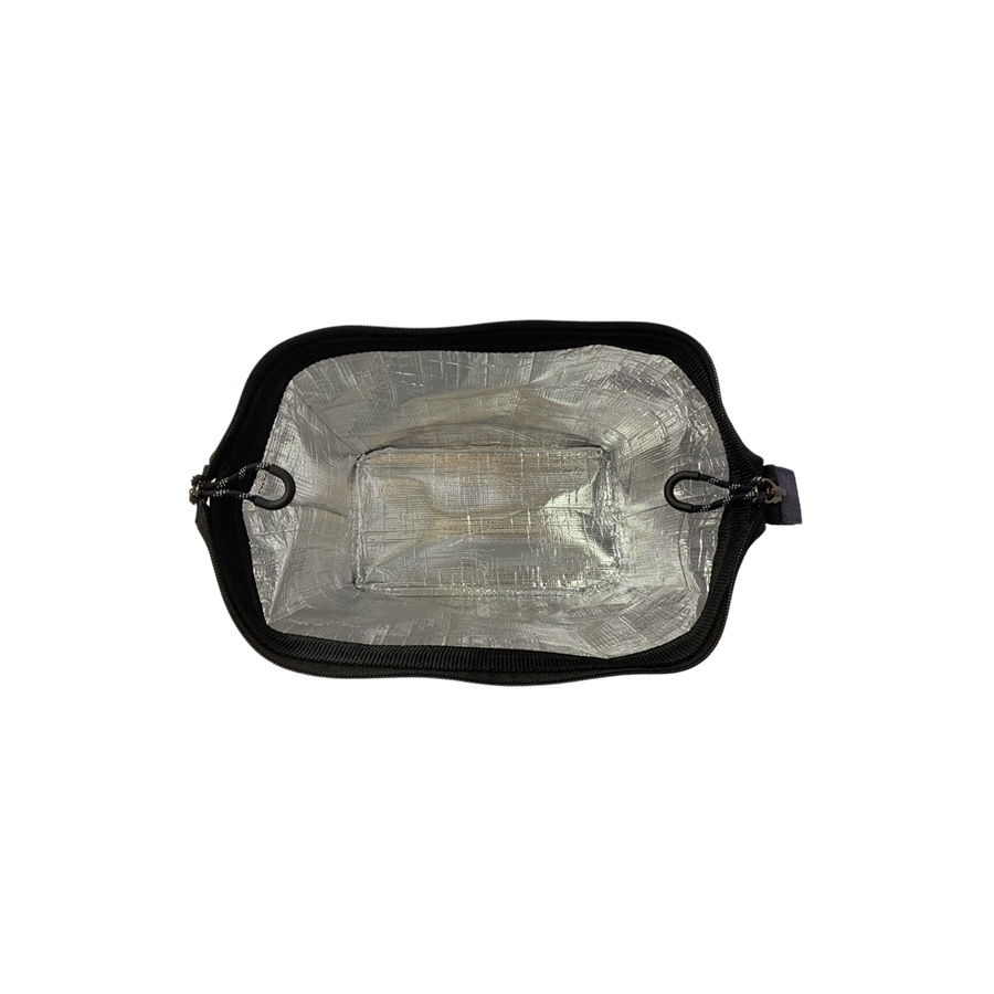Blue ladies cooler bag with black mesh pocket and double zip puller closure