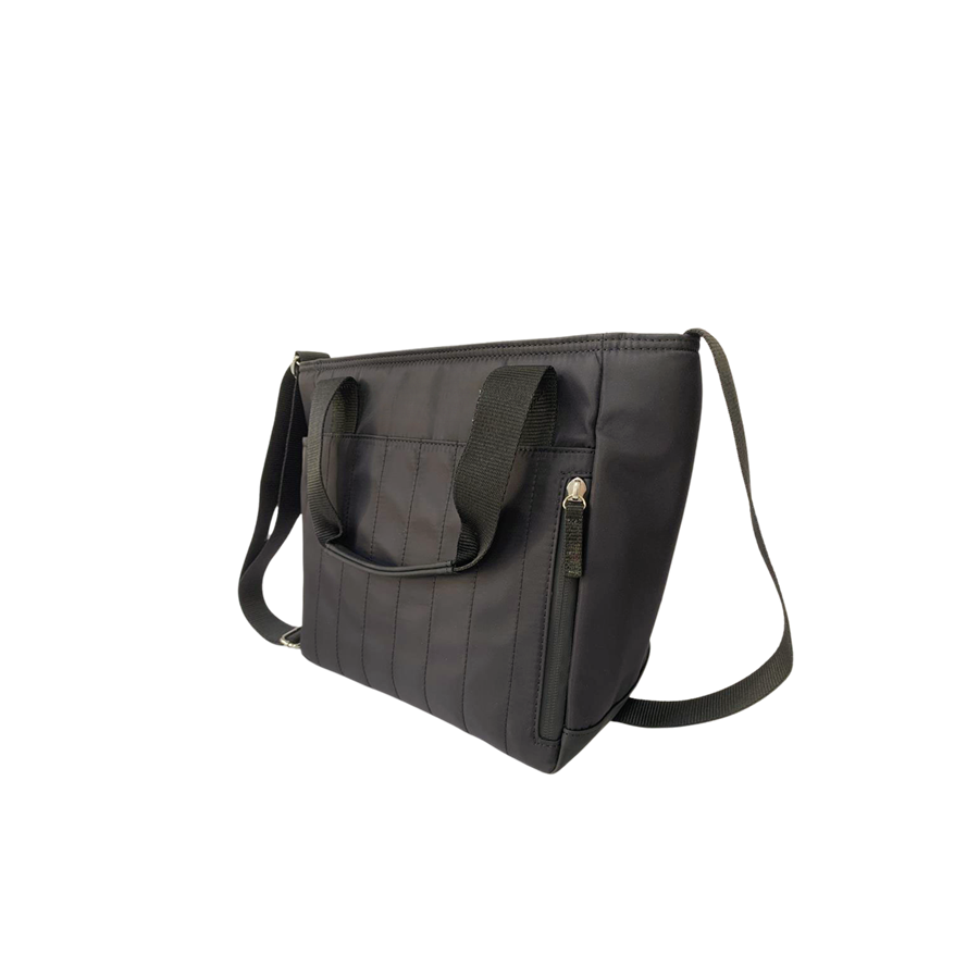 Black ladies cooler bag with decorative stitching on the front and side pockets