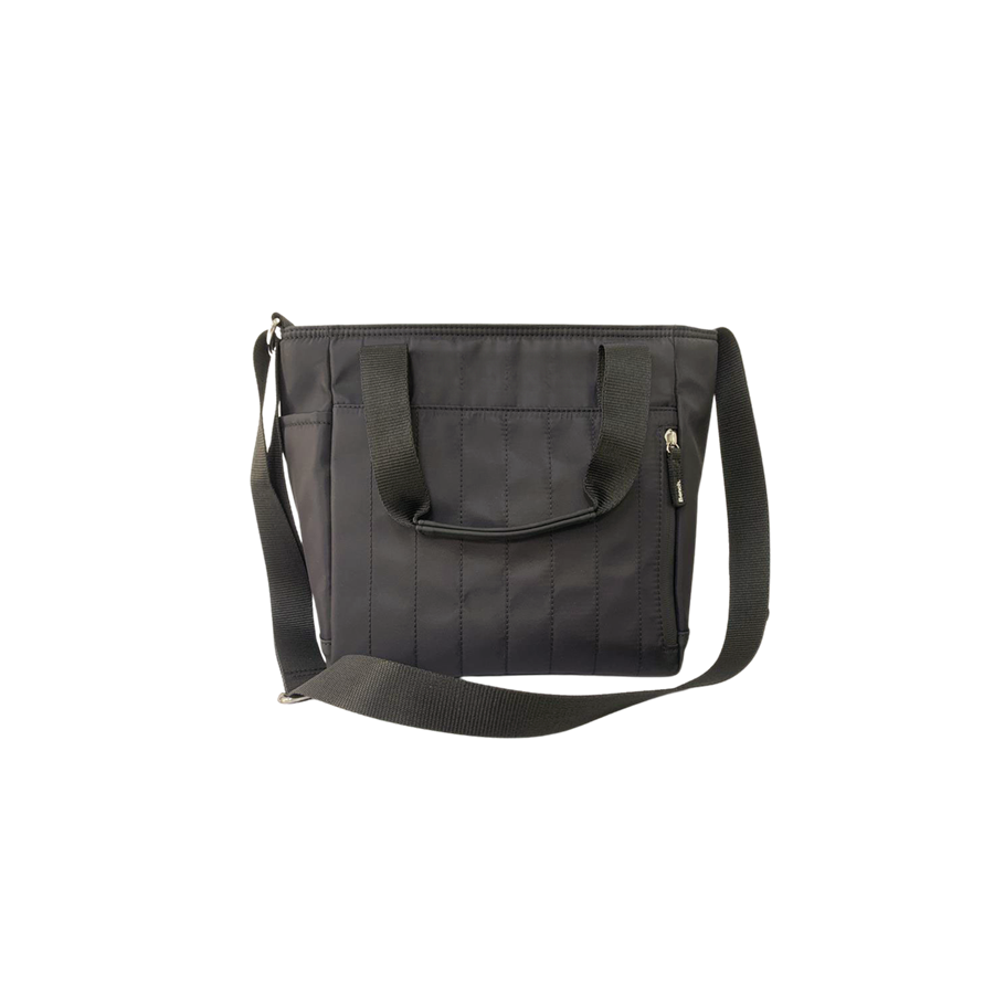 Black ladies cooler bag with decorative stitching on the front and side pockets