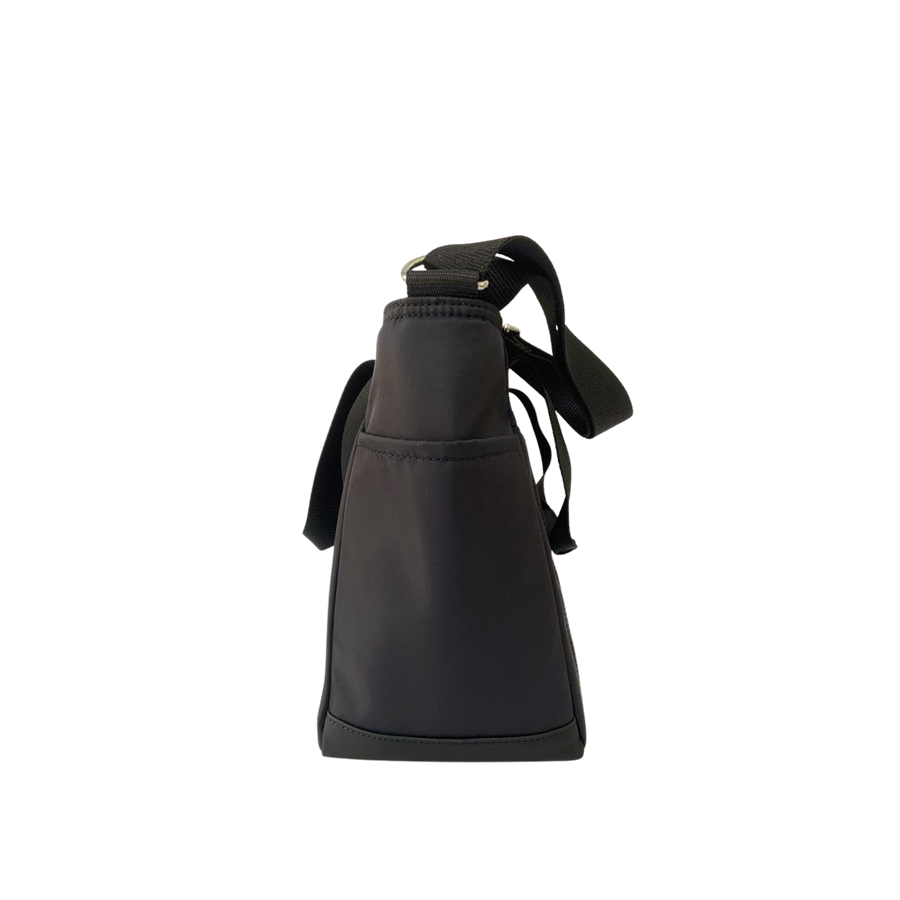 Black ladies cooler bag with decorative stitching on the front and side pockets