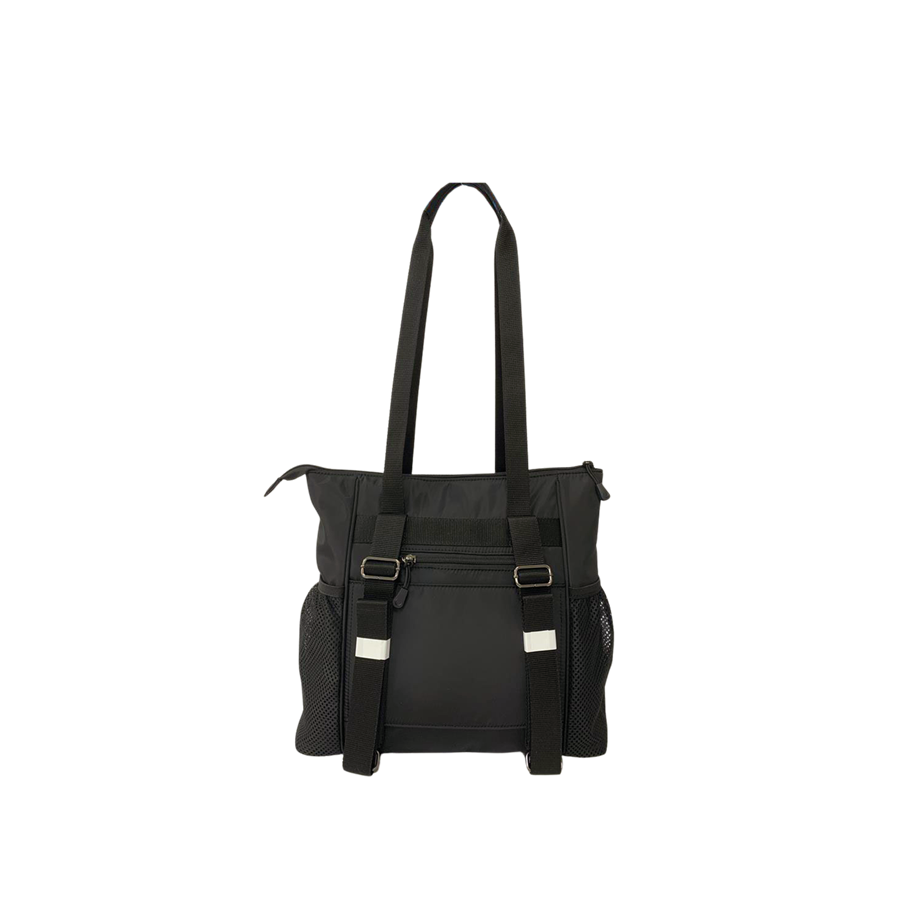 Black handbag with side mesh pockets and front zip pocket