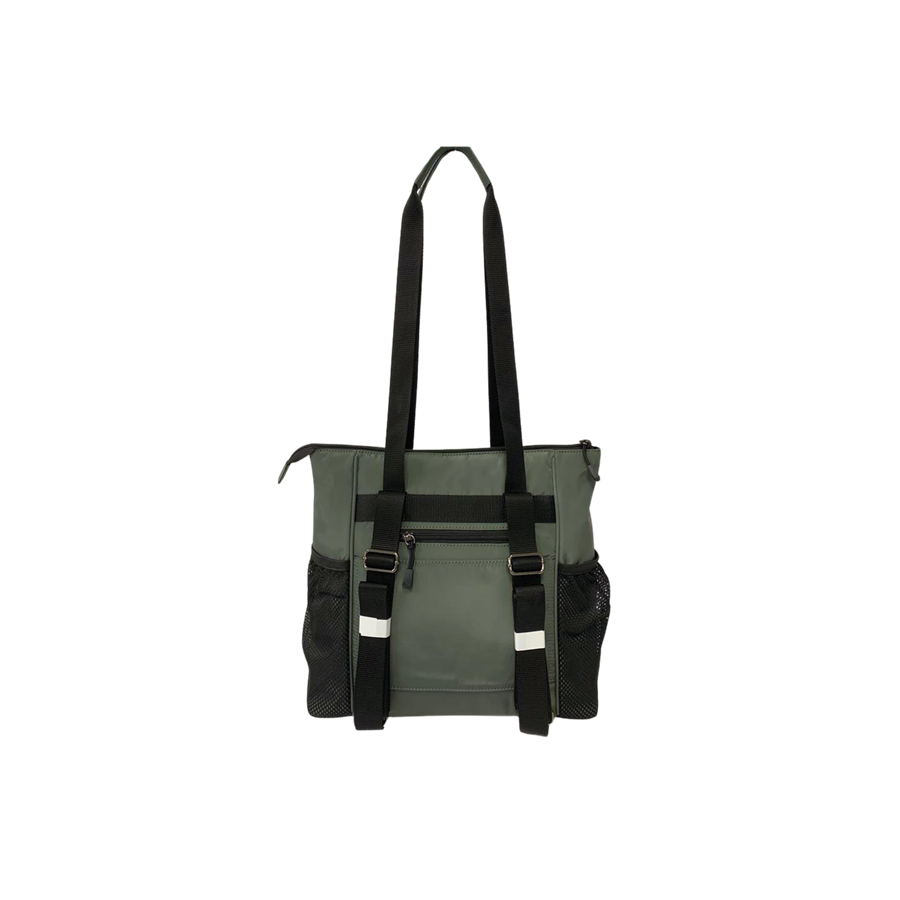 Black handbag with side mesh pockets and front zip pocket