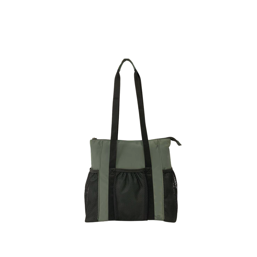 Black handbag with side mesh pockets and front zip pocket