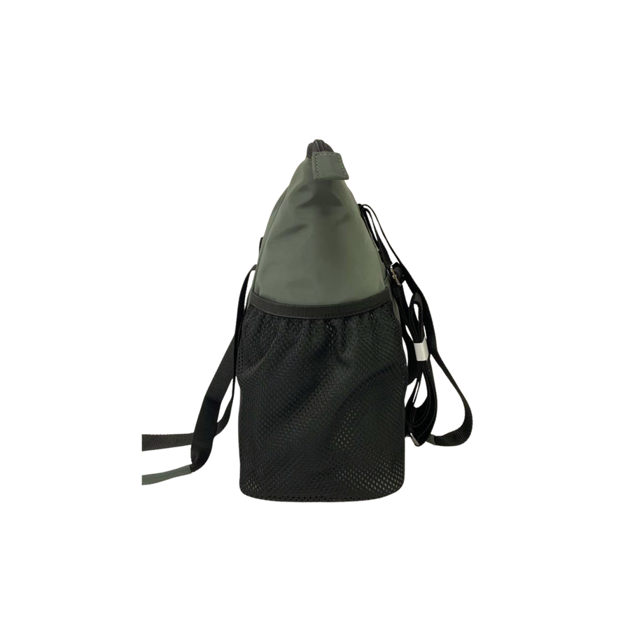 Black handbag with side mesh pockets and front zip pocket
