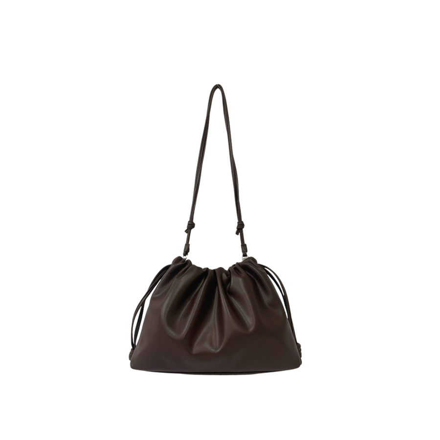Brown ladies handbag with pleats on the body and chain handle