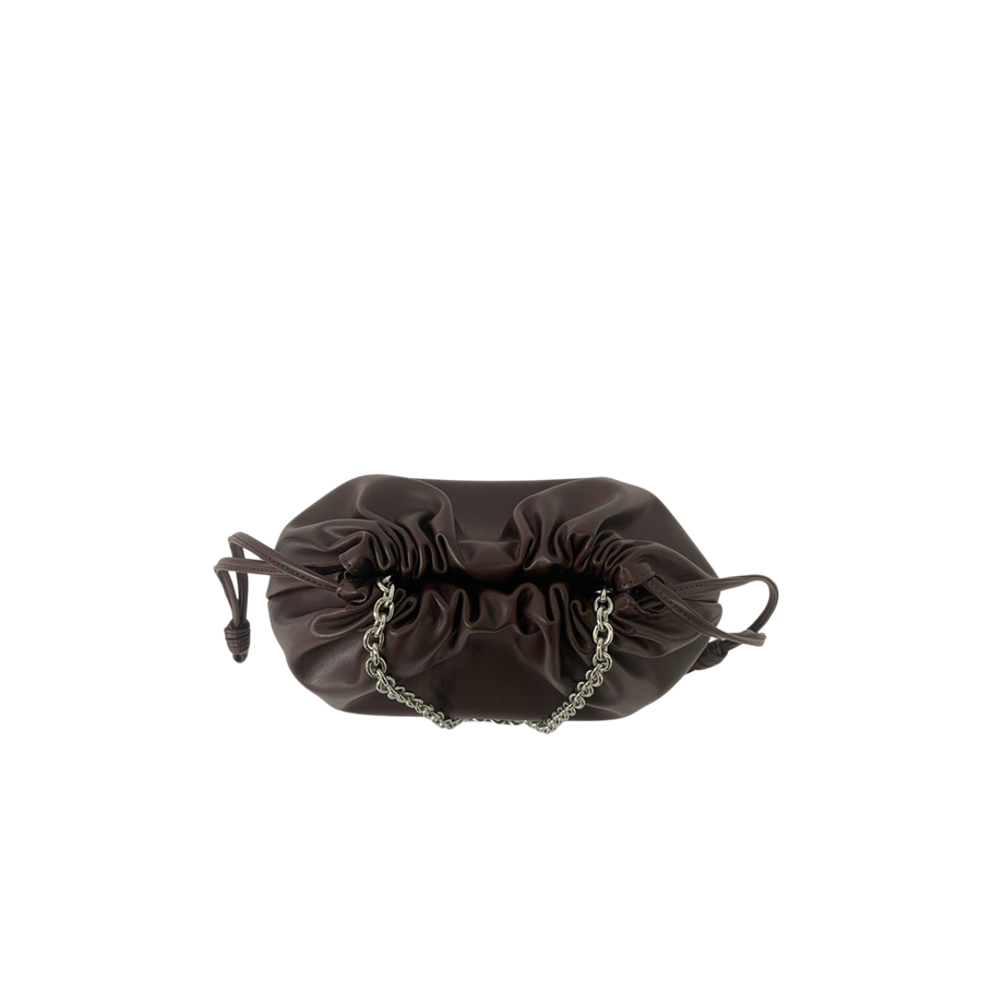 Brown ladies handbag with pleats on the body and chain handle