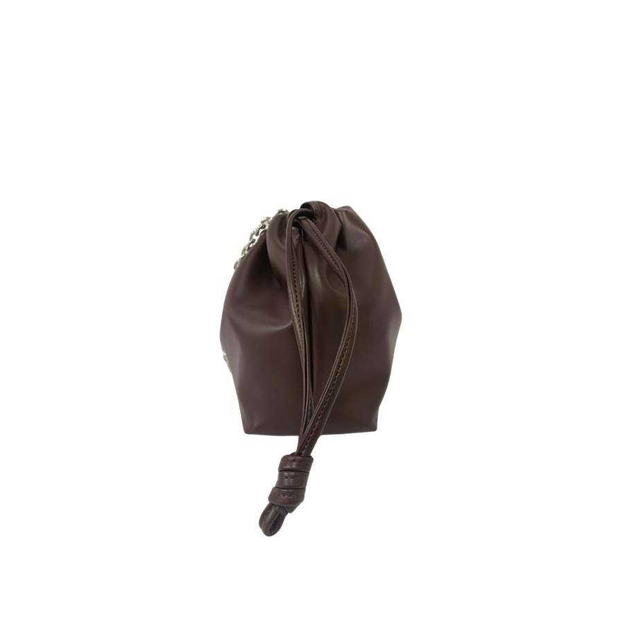 Brown ladies handbag with pleats on the body and chain handle