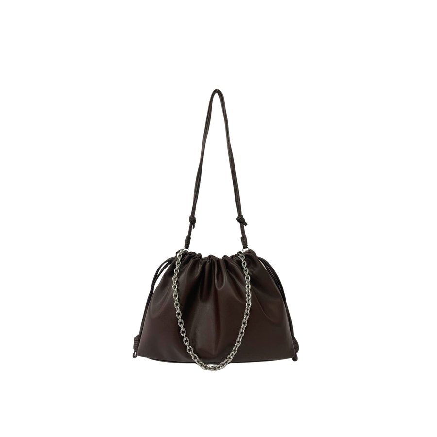 Brown ladies handbag with pleats on the body and chain handle