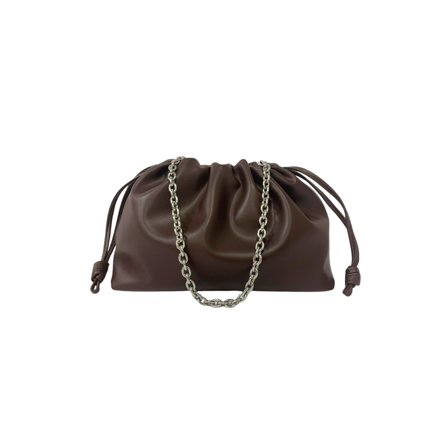 Brown ladies handbag with pleats on the body and chain handle