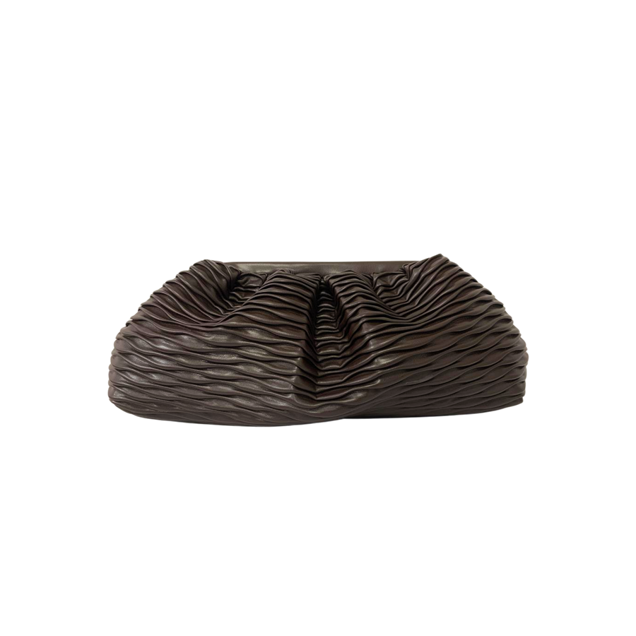 Brown ladies clutch bag with pleats on the body and frame closure