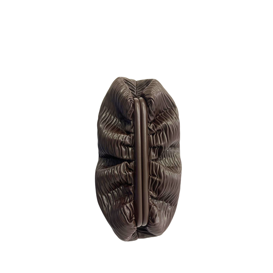 Brown ladies clutch bag with pleats on the body and frame closure