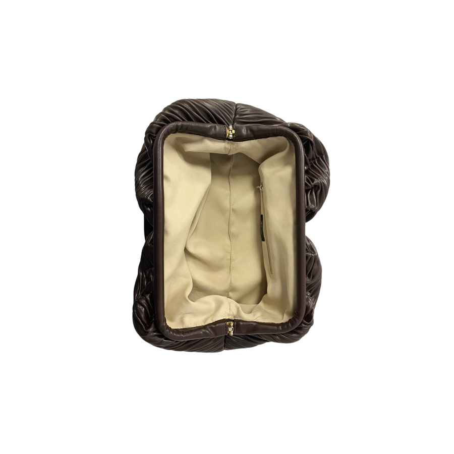 Brown ladies clutch bag with pleats on the body and frame closure