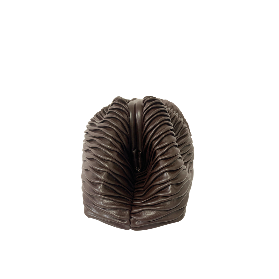 Brown ladies clutch bag with pleats on the body and frame closure