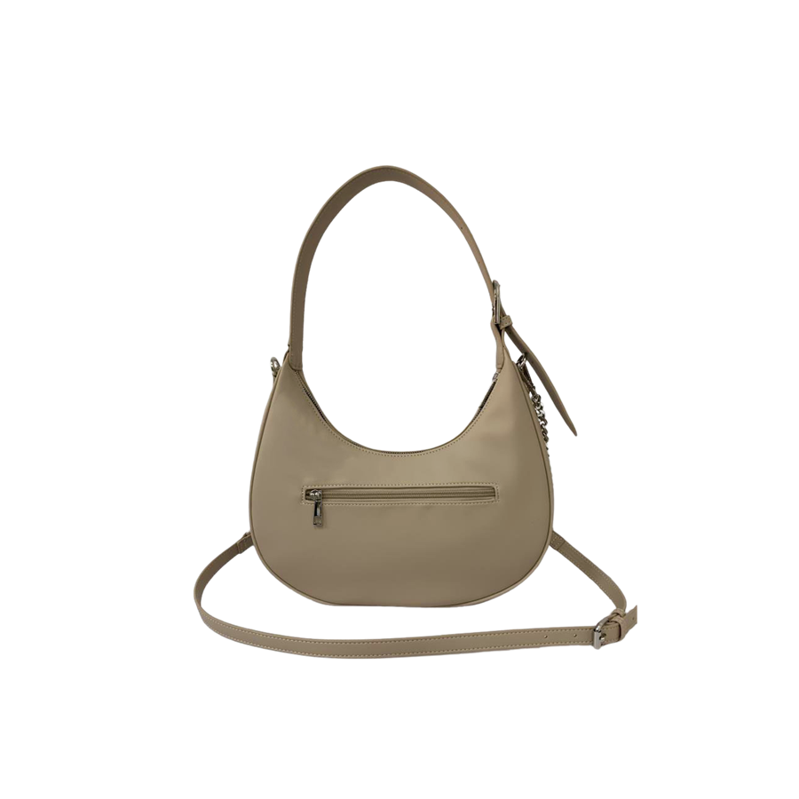 Beige ladies handbag with adjustable handle and decorative bombe on the body