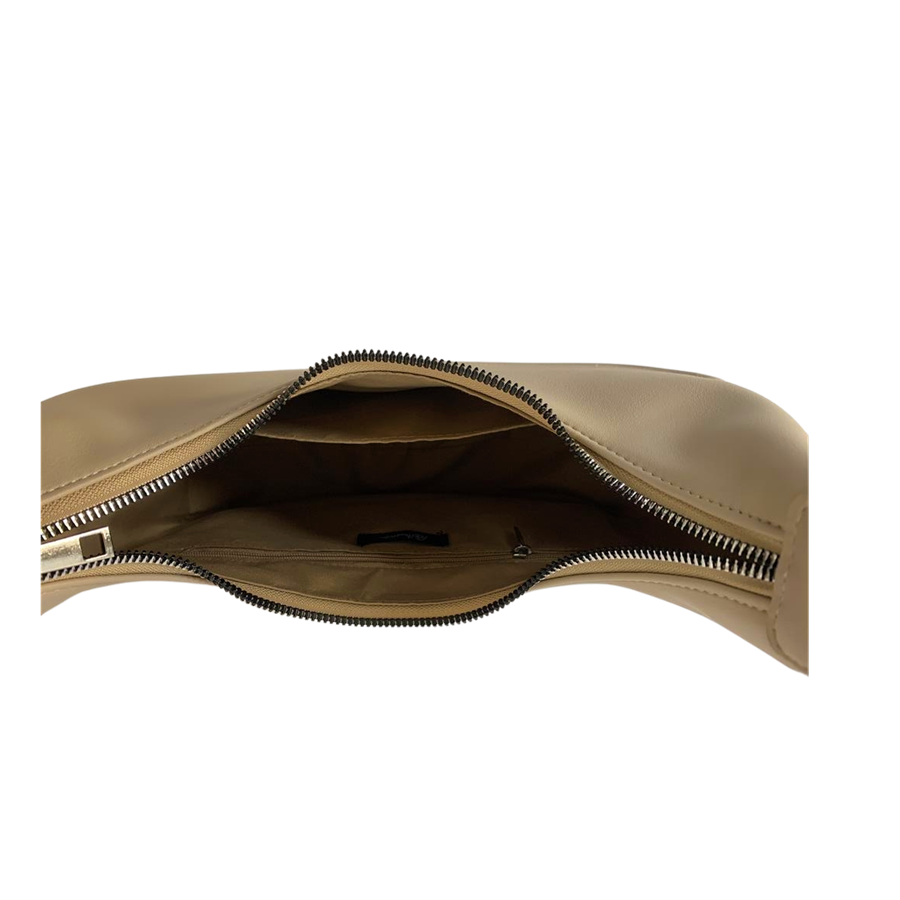Beige ladies handbag with adjustable handle and decorative bombe on the body