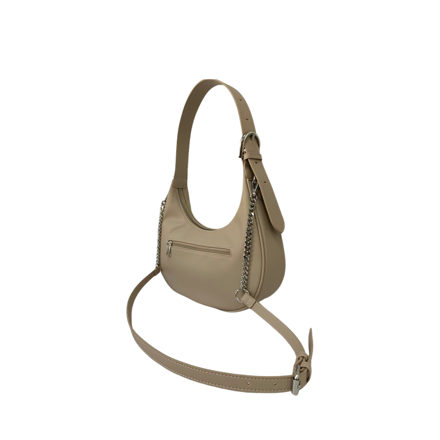 Beige ladies handbag with adjustable handle and decorative bombe on the body