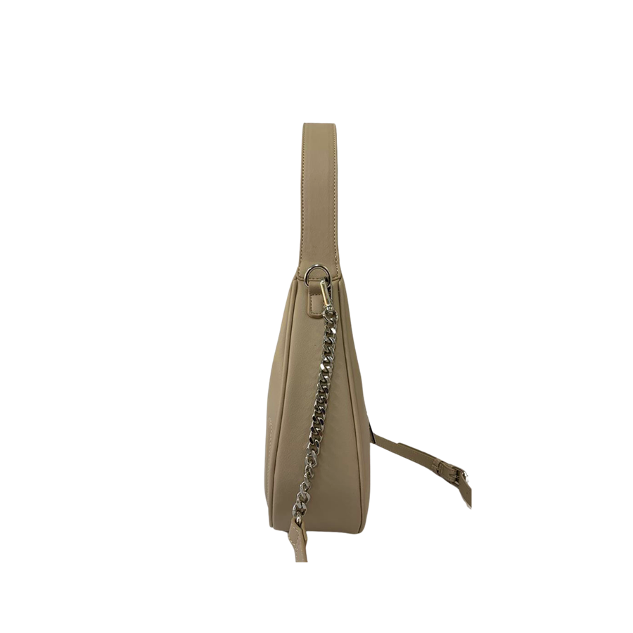 Beige ladies handbag with adjustable handle and decorative bombe on the body