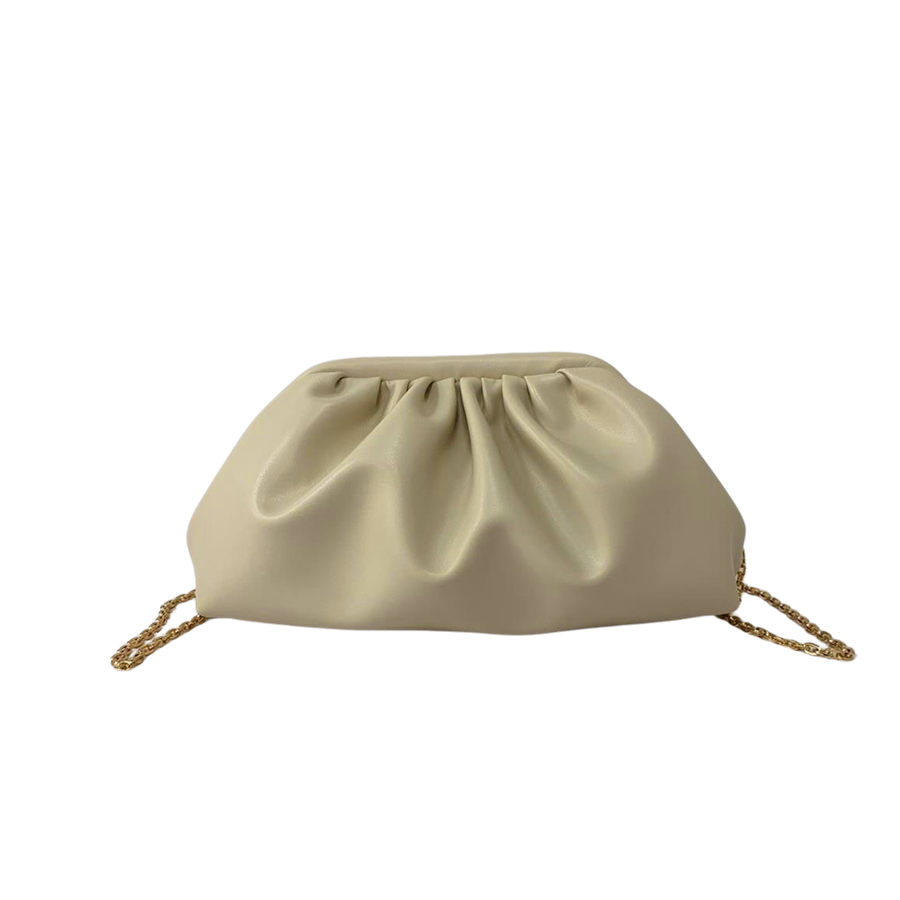 Beige ladies clutch bag with pleats and framed closure